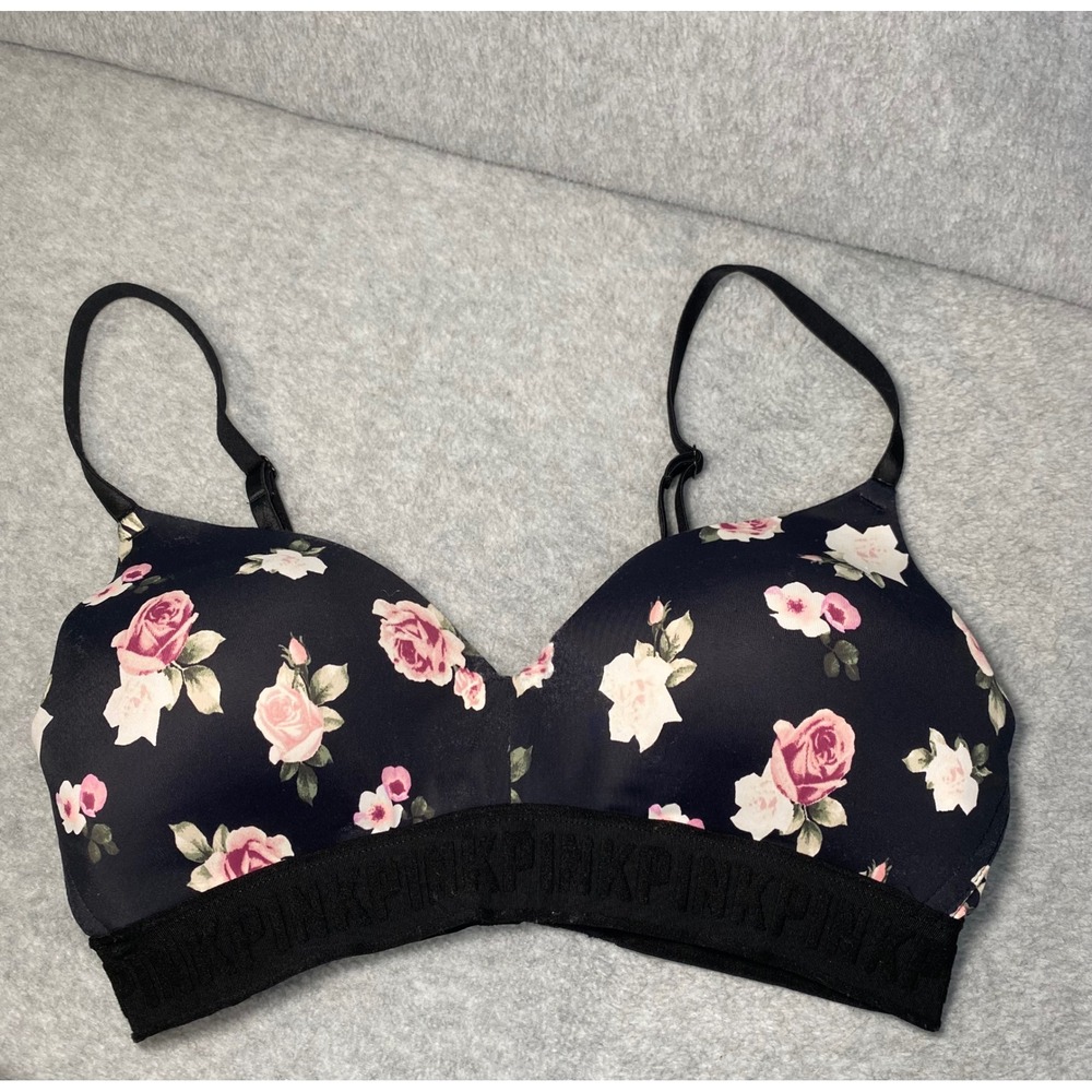 PINK Victoria's Secret Wireless Bra Women's 34C Black Floral Everyday Wear GUC